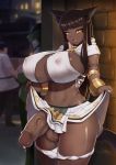  2019 abs black_hair cat_ears color cum cum_drip dark-skinned_female dark_skin digital_media_(artwork) futanari gaothun huge_breasts huge_cock original precum semen semi-erect skirt skirt_lift tongue_out yellow_eyes 