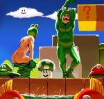 1up ?_block animal_costume ass bad_id brothers cheep_cheep cloud clouds dressing facial_hair fish frog_costume frog_luigi frog_mario frog_suit hat luigi mario mario_(series) masao mushroom mustache nintendo realistic siblings stretch super_mario_bros. super_mario_bros._3 swimsuit water