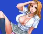 1girl between_breasts bleach blonde_hair blue_background breasts cleavage large_breasts lips long_hair lowres matoyama matsumoto_rangiku oekaki panties pantyshot pink_panties rangiku_matsumoto school_uniform serafuku solo underwear