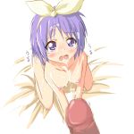 1girl bad_id breasts censored cum cum_on_body cum_on_breasts cum_on_hair cum_on_upper_body facial hiiragi_tsukasa lucky_star nude penis purple_hair ribbon ribbons solo_focus sudachi tears tsukasa_hiiragi