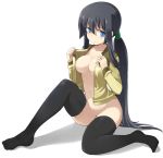  1girl black_legwear blue_eyes bottomless breasts gundam gundam_00 mamo mamo_williams marina_ismail navel no_bra no_panties nude open_clothes open_shirt shirt sitting solo thighhighs 