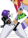 anal_vore anus ass beast_boy bent_over biesiuss closed_eyes dc_comics dcau grey_skin long_hair orange_skin purple_eyes purple_hair raven_(dc) red_hair short_hair smile starfire teen_titans vore