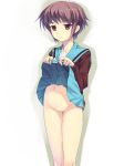 1girl bare_legs censored expressionless legs munashi_mujou nagato_yuki no_panties purple_hair short_hair skirt skirt_lift solo suzumiya_haruhi_no_yuuutsu the_melancholy_of_haruhi_suzumiya treetop_helper yuki_nagato