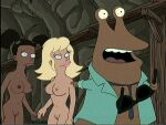  1boy 1girl 2_girls black_hair blonde_hair breasts dark-skinned_female dixie_(futurama) futurama navel nude photoshop ponytails slurms_mackenzie trixie_(futurama) vaginal 