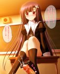  1girl blush censored cross cum desk feet footjob footwear hato_(artist) hato_(tarenekokurabu) hatomura_(tareneko_club) highres kannagi legs long_hair nun penis pov red_eyes red_hair school_uniform socks solo_focus translation_request zange 