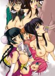  6+girls aqua_eyes black_hair blue_eyes bonza braid breasts brown_eyes bun_cover censored choker christina_sierra double_bun double_buns elbow_gloves erect_nipples feldt_grace fellatio girl glasses gloves gundam gundam_00 hair_over_one_eye hair_up large_breasts long_hair marina_ismail multiple_girls no_bra novelty_censor open_clothes open_mouth open_shirt oral penis pink_hair shirin_bakhtiar shirt short_hair smile sumeragi_lee_noriega sweat tongue topless twin_braids wang_liu_mei 