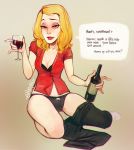 1girl alcohol beth_smith black_panties blonde_hair bottle breasts cleavage drunk ehryel looking_at_viewer milf panties rick_and_morty underwear undressed wine