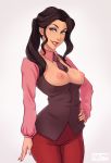  1girl asami_sato avatar:_the_last_airbender breastless_clothes breasts business_suit eyeshadow female_only gradient gradient_background green_eyes grin hand_on_hip long_hair makeup nail_polish nipples no_bra owler pants revealing_clothes smile solo_female the_legend_of_korra* topless 