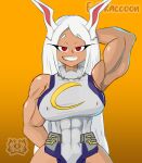  abs anime armpits arms_behind arms_behind_back arms_up biceps big_breasts boku_no_hero_academia dark-skinned_female dark_skin evil_raccoon mirko miruko miruko_(my_hero_academia) muscle my_hero_academia red_eyes smile smiling_at_viewer superheroine white_hair 