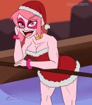  cartoon_network christmas christmas_outfit evil_raccoon grin miniskirt miss_heed_(villainous) pink_eyes pink_hair pink_skin short_hair smile smiling_at_viewer villainous 