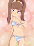  1girl amano_nene bikini blush breasts brown_hair digimon digimon_xros_wars female flashing looking_at_viewer nipples purple_eyes small_breasts smile solo swimsuit takappe 