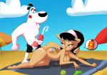 1boy 1girl animal_ears ass beach big_breasts bikini black_hair blue_eyes breasts cat_ears cum davecartoons dudley_puppy furry green_eyes hair kitty_katswell looking_at_another looking_back masturbation penis short_hair smile t.u.f.f._puppy tail topless umbrella