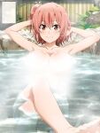 1girl alluring big_breasts completely_nude_female crossed_legs hot_spring in_water my_teen_romantic_comedy_snafu onsen orange_hair red_eyes steam steam_censor yahari_ore_no_seishun_lovecome_wa_machigatteiru. yuigahama_yui