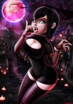 1girl big_breasts black_hair blue_eyes breasts bridal_gauntlets cleavage cleavage_cutout dress ear_piercing fangs hair hotel_transylvania lick lipstick mavis_dracula nail_polish open_mouth piercing shadman short_hair standing stockings tongue_piercing vampire