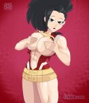  anime big_breasts black_hair boku_no_hero_academia evil_raccoon hands_on_breasts huge_breasts light-skinned_female light_skin momo_yaoyorozu my_hero_academia ponytail ripped_clothing shy superheroine thick_thighs tight_clothing yaoyorozu_momo 