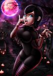 1girl big_breasts black_hair blood blue_eyes bodysuit breasts bridal_gauntlets choker cleavage ear_piercing fangs hair hotel_transylvania lick lingerie lipstick mavis_dracula nail_polish open_mouth piercing shadman short_hair standing stockings tongue_piercing vampire