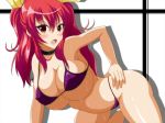 >:o 1girl :o all_fours armpits bare_shoulders bikini blush breasts choker cleavage erect_nipples hair_ribbon hand_on_hip huge_breasts leaning_forward long_hair looking_at_viewer open_mouth purple_bikini rakudai_kishi_no_cavalry red_eyes red_hair ribbon simple_background solo stella_vermillion striped_background suzumori_kuroku sweat swimsuit twintails underboob