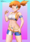 1_girl 1girl alluring alternate_costume cosplay female female_human female_only game_freak holding_poke_ball human impossible_clothes kasumi_(pokemon) looking_at_viewer minishorts misty misty_(pokemon) nessa_(pokemon) nintendo one_eye_closed orange_hair poke_ball pokeball pokemon short_hair shorts solo standing zel-sama