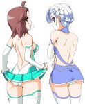  2girls aonagi_hayate art ass babe back bare_back blue_hair blush breasts brown_eyes brown_hair collaboration dress fin_e_ld_si_laffinty flower friends from_behind hair hair_flower hair_ornament koyopi kyouno_madoka leotard looking_at_viewer looking_back multiple_girls open-back_dress panties purple_eyes rinne_no_lagrange short_hair shy side_slit skirt skirt_lift stockings thighhighs underwear 