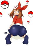 1girl ass bandanna big_ass bike_shorts blue_eyes brown_hair eleven929rr from_behind gloves kneeling large_ass long_hair looking_back may nintendo poke_ball pokemon rubbing smile socks