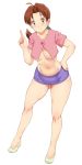 1girl breasts brown_eyes brown_hair delia_ketchum full_body hanako_(pokemon) legs long_hair milf navel pokemon ponytail pussy shikuta_maru shoes simple_background skirt smile solo standing thighs underboob white_background