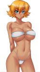  1girl arms_behind_back bandeau bangs big_breasts bikini blonde_hair blue_eyes breasts cowboy_shot cute dark_skin flipped_hair groin hair_between_eyes highleg highleg_bikini highleg_swimsuit hips igawa_sakura kagami_hirotaka large_breasts light_smile lilith-soft looking_at_viewer micro_bikini navel o-ring_bikini o-ring_top official_art orange_hair shiny shiny_skin short_hair simple_background skindentation smile solo strapless string_bikini swimsuit taimanin_(series) taimanin_asagi taimanin_asagi_gaiden tan underboob white_background white_bikini white_swimsuit 