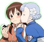 2girls 3: art babe blush brown_eyes brown_hair closed_eyes face_licking fin_e_ld_si_laffinty flower food food_on_face friends hair hair_flower hair_ornament kyouno_madoka licking love multiple_girls onigiri rinne_no_lagrange short_hair sweatdrop tongue tongue_out ueyama_michirou upper_body yuri