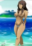 1girl abs areola avatar:_the_last_airbender big_breasts bikini_bottom breasts dark-skinned_female dark_hair dark_skin hips korra legs looking_at_viewer mostly_nude navel nipples outside sexy standing the_legend_of_korra* thighs topless water wet