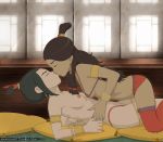 2_girls 2girls anaxus art avatar:_the_last_airbender azula breasts closed_eyes dark_skin female/female female_only girl_on_top hair high_res interracial katara kissing love multiple_girls mutual_yuri nipples topknot topless yuri yuri_haven