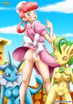  3_girls 3girls anthro anthro_pokemon anthrofied ass bbmbbf blush breasts clothed_male_nude_female dress dress_lift female_anthro female_human female_pokemon furry hair_rings joy joy_(pokemon) leafeon legs multiple_girls nintendo no_panties no_panties_under_dress nurse_cap nurse_joy nurse_uniform outdoor outside palcomix pink_hair pokemon pokepornlive pussy uniform upskirt vaporeon 