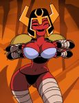 1girl abs alien animated ben_10 ben_10:_omniverse big_breasts black_panties bra breasts cleavage dance dancing dboy_(artist) female_only four_eyes funny gif helmet looma_red_wind loop muscle panties princess red_skin solo_female