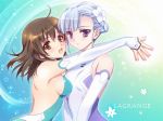  2girls :d art babe bad_id bare_back bare_shoulders blue_hair blush braid breasts brown_hair carnelian dress elbow_gloves fin_e_ld_si_laffinty flower friends gloves hair hair_flower hair_ornament high_res hug hugging kyouno_madoka leotard looking_at_viewer love multiple_girls open-back_dress open_mouth purple_eyes rinne_no_lagrange short_hair sideboob smile upper_body yuri 