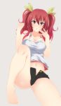 1girl akage bare_shoulders barefoot blush breasts cleavage female hair_ornament hair_ribbon large_breasts long_hair looking_at_viewer midriff navel open_mouth rakudai_kishi_no_cavalry red_eyes red_hair ribbon short_shorts shorts solo stella_vermillion tank_top twintails two_side_up unbuttoned