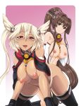 2girls all_fours big_breasts blush breasts brown_hair budget_sarashi dark-skinned_female dark_skin hair kantai_collection megane multiple_girls musashi_(kantai_collection) nipples open_mouth ponytail sarashi stockings twin_tails yamato_(kantai_collection)