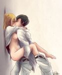  1boy 1girl against_wall artist_request ass attack_on_titan black_hair blonde_hair blush bottomless breasts closed_eyes clothed_sex held_up hetero highres kissing levi_(shingeki_no_kyojin) nipples nude open_clothes petra_ral pussy sex shingeki_no_kyojin shirt shirt_lift vaginal wall 