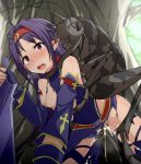 1girl all_fours bare_shoulders beastiality bent_over blue_gloves blush breasts cum cum_in_pussy detached_sleeves ear_licking fingerless_gloves gloves hairband insect kneeling licking long_hair mingaru nipples open_mouth pointy_ears purple_hair red_eyes sex small_breasts spread_legs sword sword_art_online tongue tongue_out torn_clothes vaginal weapon yuuki_(sao)