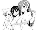  3_girls 3girls :o art babe big_breasts blush breast_envy breasts bust_chart chart earmuffs embarrassed fin_e_ld_si_laffinty friends grin kyouno_madoka large_breasts lineup long_hair looking_at_viewer muginami multiple_girls navel nipples nude puffy_nipples rinne_no_lagrange sei_kazuyoshi short_hair small_breasts smile topless upper_body 