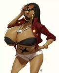 1girl black_eyes brown_hair dark-skinned_female dark_skin earrings female_only gigantic_ass gigantic_breasts hourglass_figure huge_breasts jacket massive_breasts michiko_malandro michiko_to_hacchin milf necklace sexy sexy_ass sexy_body sexy_breasts shorts stomach_tattoo sunglasses tattoo