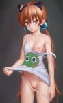  1girl 1girl aki99 alisa_southerncross animal_ears bandages blush bow bow_panties breasts cat_ears hair_ornament high_res keroro_gunsou long_hair nipples no_bra orange_hair panties panty_pull petite pink_panties pussy red_eyes revision strap_slip tank_top twin_tails uncensored underwear 