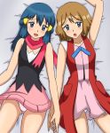 2girls :d :o absurd_res absurdres alluring arm arm_up arms art babe bare_arms bare_legs bare_shoulders bed black_dress blue_eyes blue_hair blush collarbone dawn dawn_(pokemon) dress from_above hair hair_ornament hand_holding high_res highres hikari_(pokemon) kuro_hopper legs light_brown_hair long_hair looking_at_viewer lying multiple_girls mutual_yuri neck nintendo no_hat on_back open_mouth panties pantyshot pantyshot_(lying) pink_dress pink_skirt pokemon pokemon_(anime) pokemon_(game) pokemon_dppt pokemon_xy red_scarf scarf serena serena_(pokemon) short_hair skirt sleeveless sleeveless_dress smile vest yuri