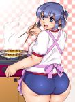 1girl :d apron ass big_ass blue_eyes blue_hair blush breasts bubble_butt buruma chopsticks fat fat_step-sister_(orizen) female female_only fish grilling gym_uniform half_updo highres huge_ass kitchen looking_at_viewer open_mouth original orizen plump rear_view school_swimsuit short_hair smile solo solo_female stove swimsuit thick_thighs thighs wide_hips