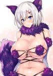 1girl animal_ears bare_shoulders blue_eyes blush breasts cleavage cosplay dangerous_beast elbow_pads fate/grand_order fate_(series) hair_between_eyes hair_ornament hairclip hamakaze_(kantai_collection) huge_breasts kantai_collection looking_at_viewer mash_kyrielight mashu_kyrielite navel short_hair silver_hair smile tail