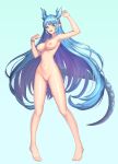  1girl 1girl bangs barefoot big_breasts blue_hair blunt_bangs bracelet breasts dragon_horns dragon_tail eyebrows_visible_through_hair feet full_body green_background hair_ornament high_resolution horns jeongjae_(jj) jewelry king&#039;s_raid laias_(king&#039;s_raid) long_hair navel nipples nude pointed_ears pussy standing star star_hair_ornament tail very_high_resolution 