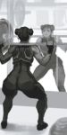  1girl ass barbell big_ass bodysuit bubble_butt chun-li double_bun exercise hair_ribbon highres mirror morganagod ribbon short_hair sleeveless solo squatting street_fighter street_fighter_zero thick_thighs thighs victor_bang weightlifting weights wide_hips 