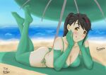  1girl absurd_res ass beach beach_towel bikini black_hair blush breasts cleavage collarbone day elbow_gloves feet feet_up green_bikini hair_ornament hairclip hands_on_own_face iwato_suzume legs_up looking_at_viewer ocean on_stomach outside ponytail sand side-tie_bikini smile stockings suzume_(movie) suzume_no_tojimari swimsuit teen the_pose thong_bikini tongue tongue_out towel umbrella yellow_eyes 