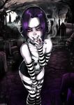  1girl brow_piercing cemetery choker cigarette cleavage dc dc_comics eyebrow_piercing graveyard hair headphones lip_piercing panties panties_pull piercing purple_eyes purple_hair raven_(dc) shadman short_hair sleeves smile smoking standing stockings striped_legwear tank_top teen_titans 