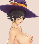 1girl alternate_hair_length alternate_hairstyle artist_name bayonetta bayonetta_(character) bayonetta_2 black_hair blue_eyes boin_(artist) breasts earrings eyeshadow female female_only glasses halloween hat huge_breasts jack-o'-lantern_earrings jewelry large_breasts lipstick makeup mole nipples nose nude puffy_nipples short_hair solo upper_body witch_hat