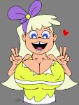 blonde_hair blue_eyes breasts chloe_carmichael cleavage covered_nipples double_v hair_bow huge_breasts long_hair open_mouth smile teeth the_fairly_oddparents tongue v