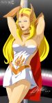 1girl art babe big_breasts blonde_hair blue_eyes breasts cleavage dress hair lipstick long_hair looking_at_viewer masters_of_the_universe neck neck_ring pole she-ra skirt stiky_finkaz strapless strapless_dress white_dress wink