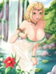 1girl absurd_res alluring bent_over big_breasts blonde_hair bracelet crown dress flower green_eyes high_res jewelry lily_pad medium_hair nintendo opalis opalisart pendant pendant_choker pointy_ears pond princess princess_zelda pulling_own_clothes the_legend_of_zelda the_legend_of_zelda:_tears_of_the_kingdom water waterfall wet wet_clothes wet_dress white_dress